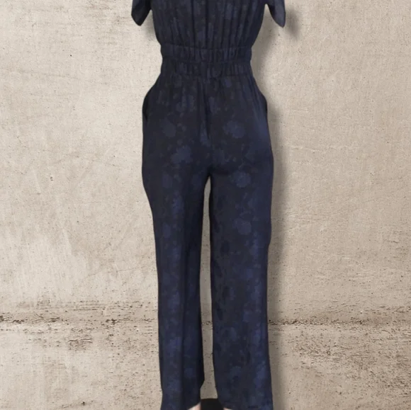 Midnight Navy Floral Jacquard V-neck Wrap Jumpsuit XS - Picture 6 of 8